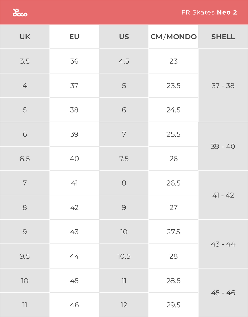 Product size chart