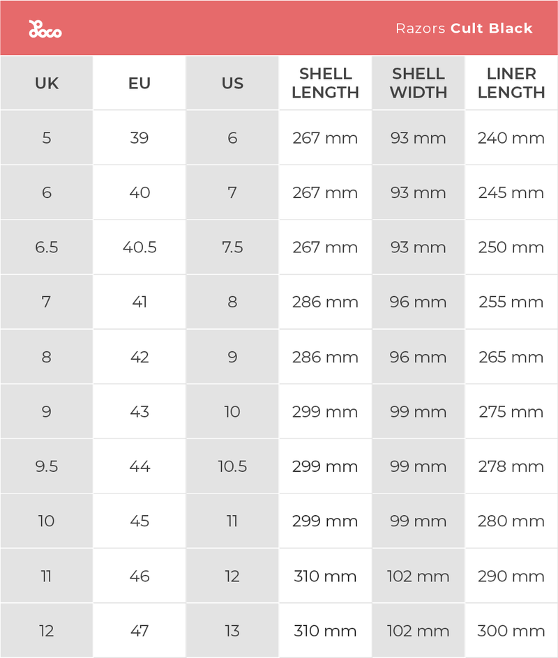 Product size chart