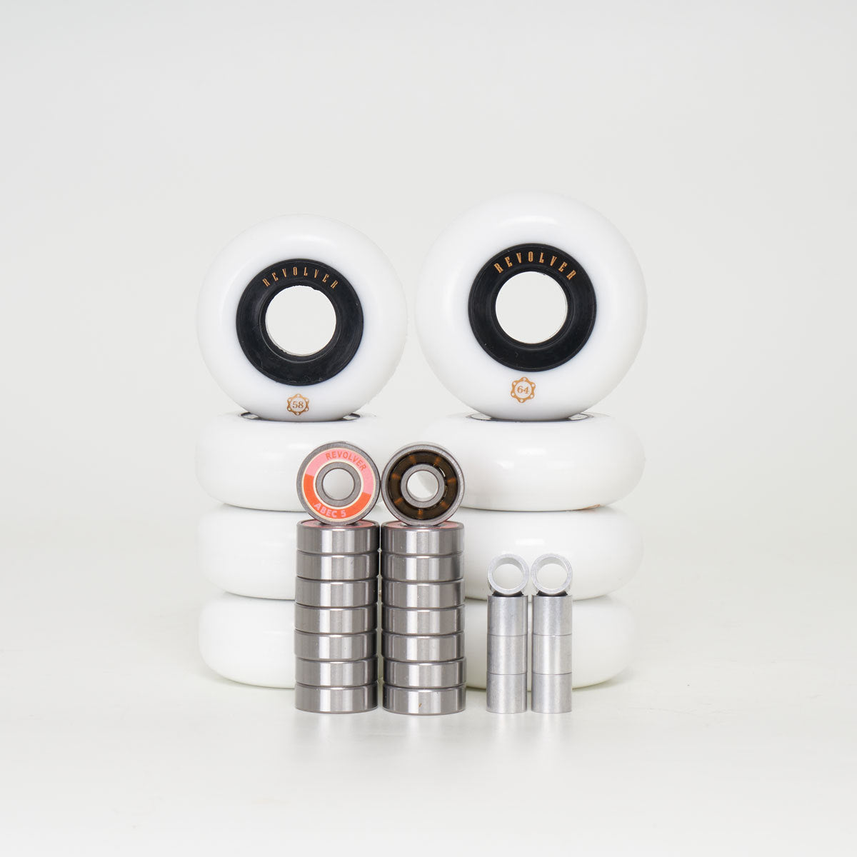 Revolver 64mm / 58mm - Complete Wheel, Bearing & Spacer Pack (for 8 wheels) - Loco Skates