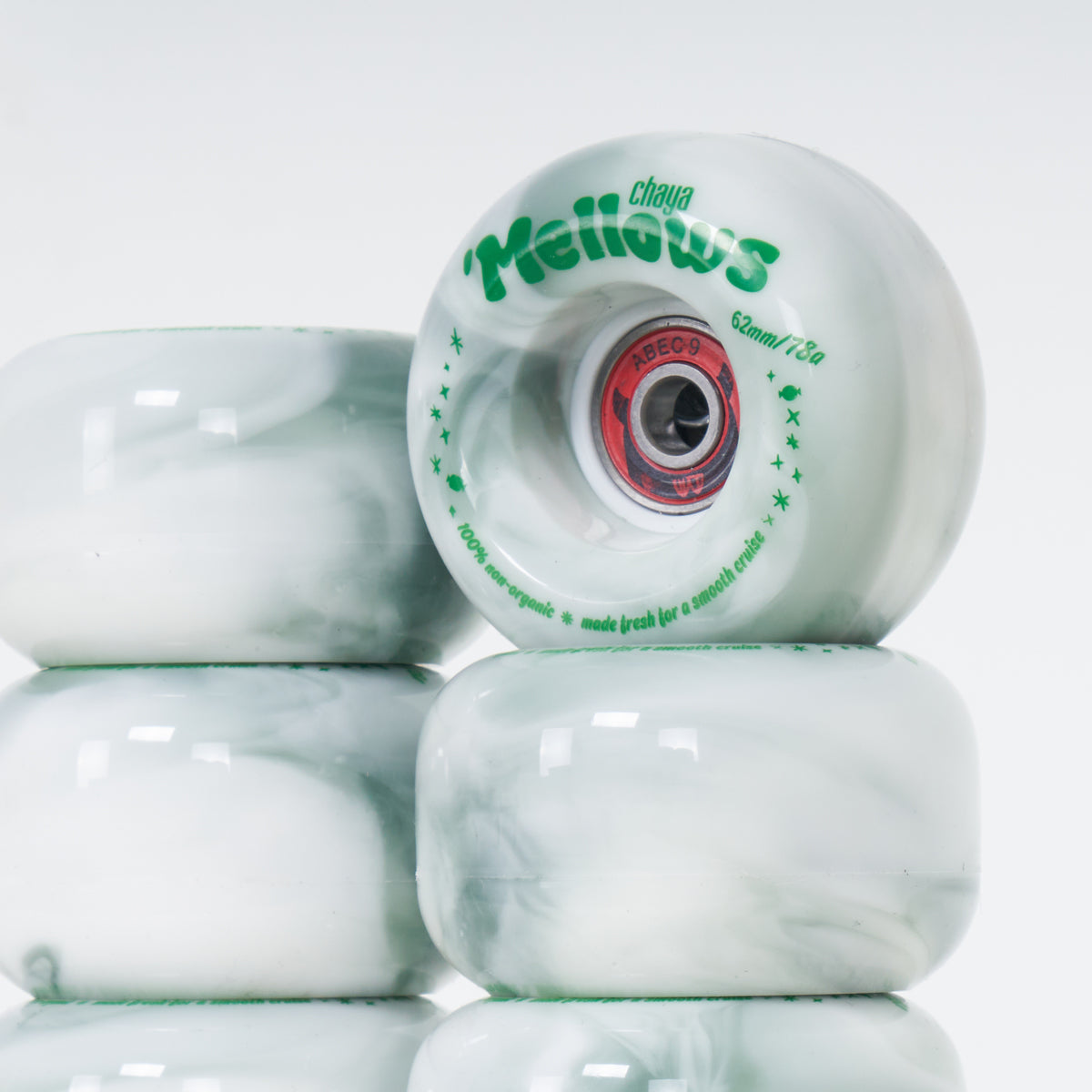Chaya Mellows 9 62mm/78a Wheels -  Grey / White Swirl + WKD Abec 9 Bearings (8 Set)