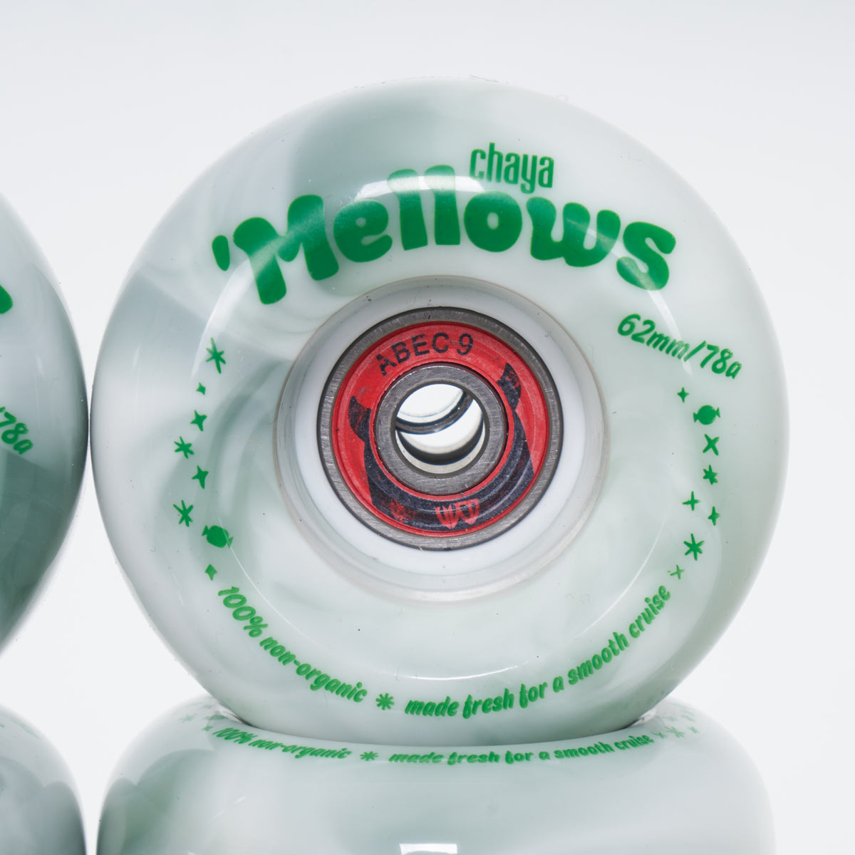 Chaya Mellows 9 62mm/78a Wheels -  Grey / White Swirl + WKD Abec 9 Bearings (8 Set)