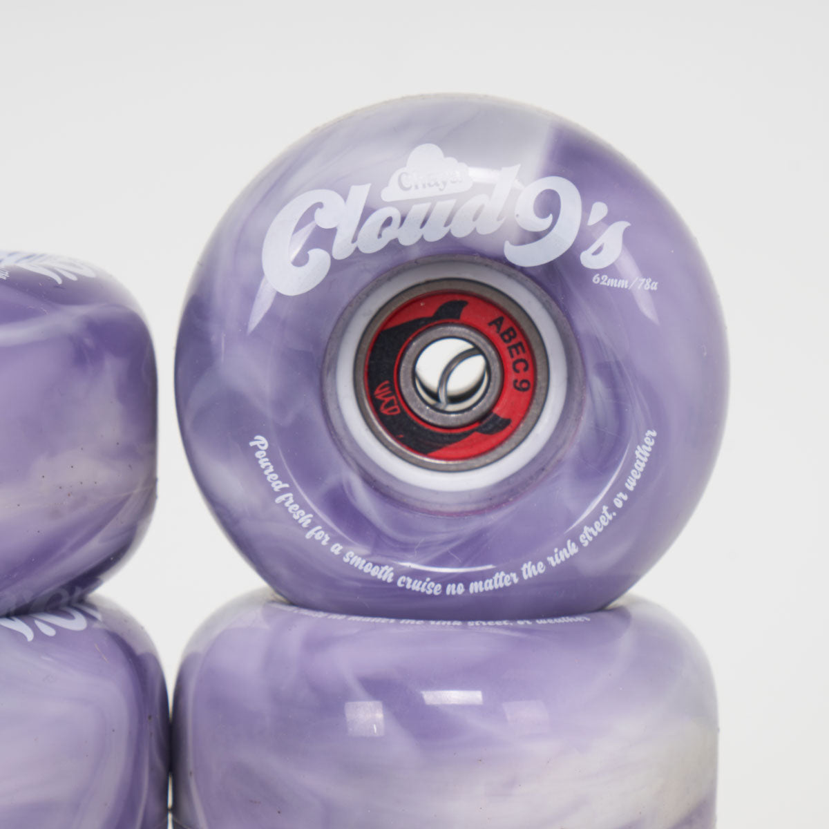 Chaya Cloud 9 62mm/78a Wheels -  Purple / White Swirl + WKD Abec 9 Bearings (8-Set (seconds))