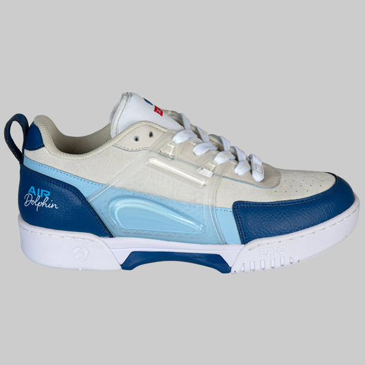 Sneaker with blue and white design on a grey background