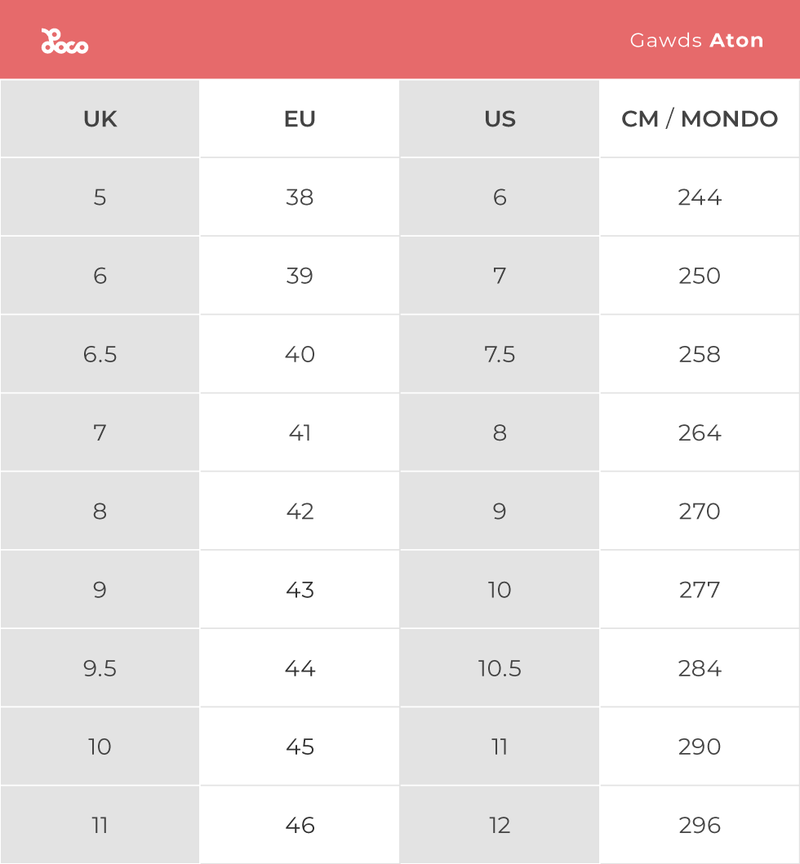 Product size chart