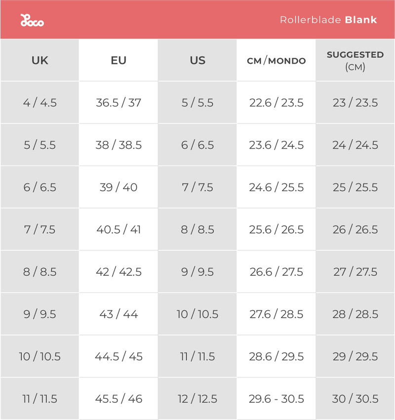 Product size chart